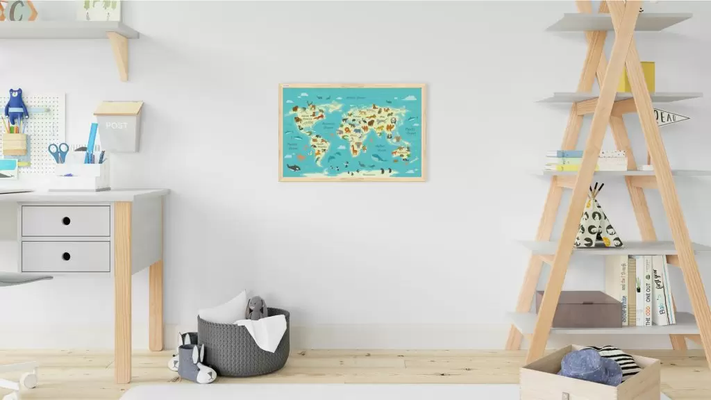 Bild der Weltkarte für Kinder, Tiere, 60x40cm im Naturholzrahmen, Magnettafel