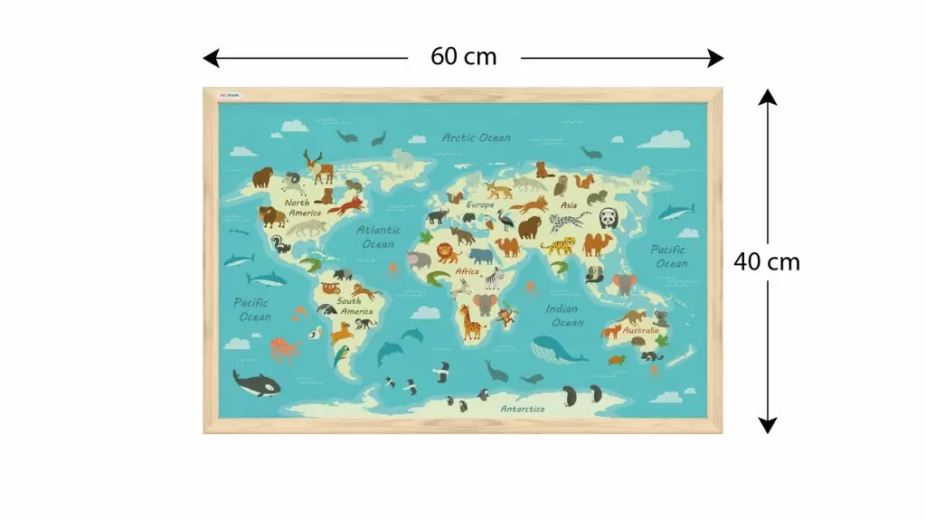Bild der Weltkarte für Kinder, Tiere, 60x40cm im Naturholzrahmen, Magnettafel
