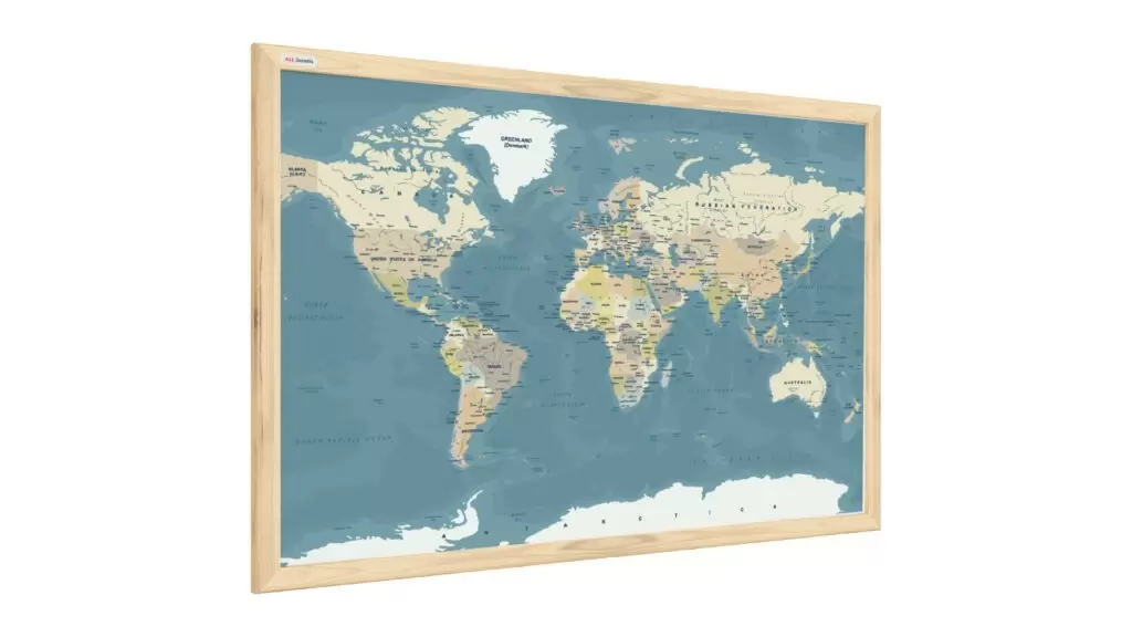 Magnettafel Bild Weltkarte Pastellfarben 60x40cm im Naturholzrahmen