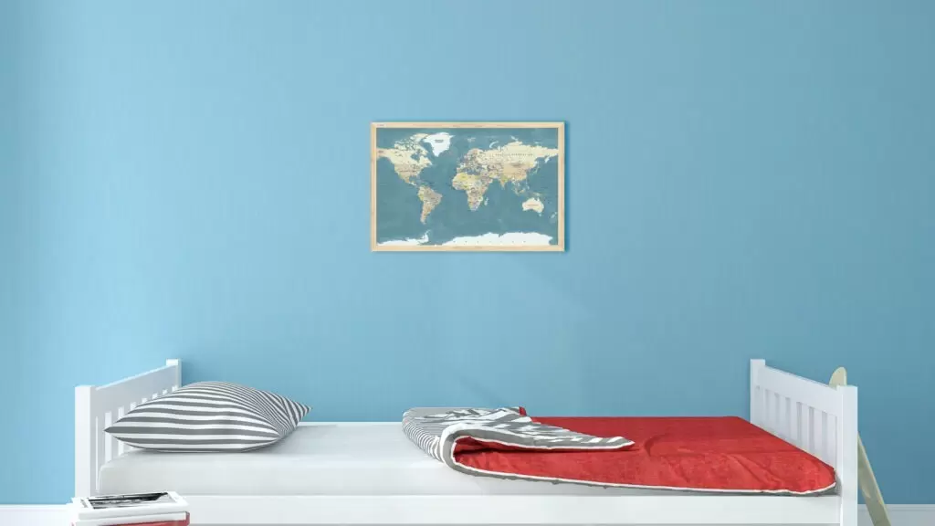 Magnettafel Bild Weltkarte Pastellfarben 60x40cm im Naturholzrahmen