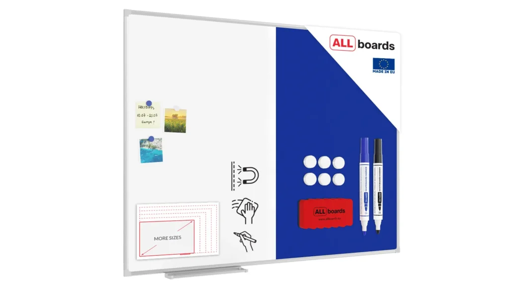 Kombitafel Whiteboard und Blau Filz-Pinnwand mit Alurahmen 120x90cm