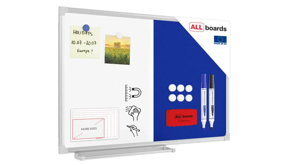Kombitafel Whiteboard und Blau Filz-Pinnwand mit Alurahmen 60x40cm