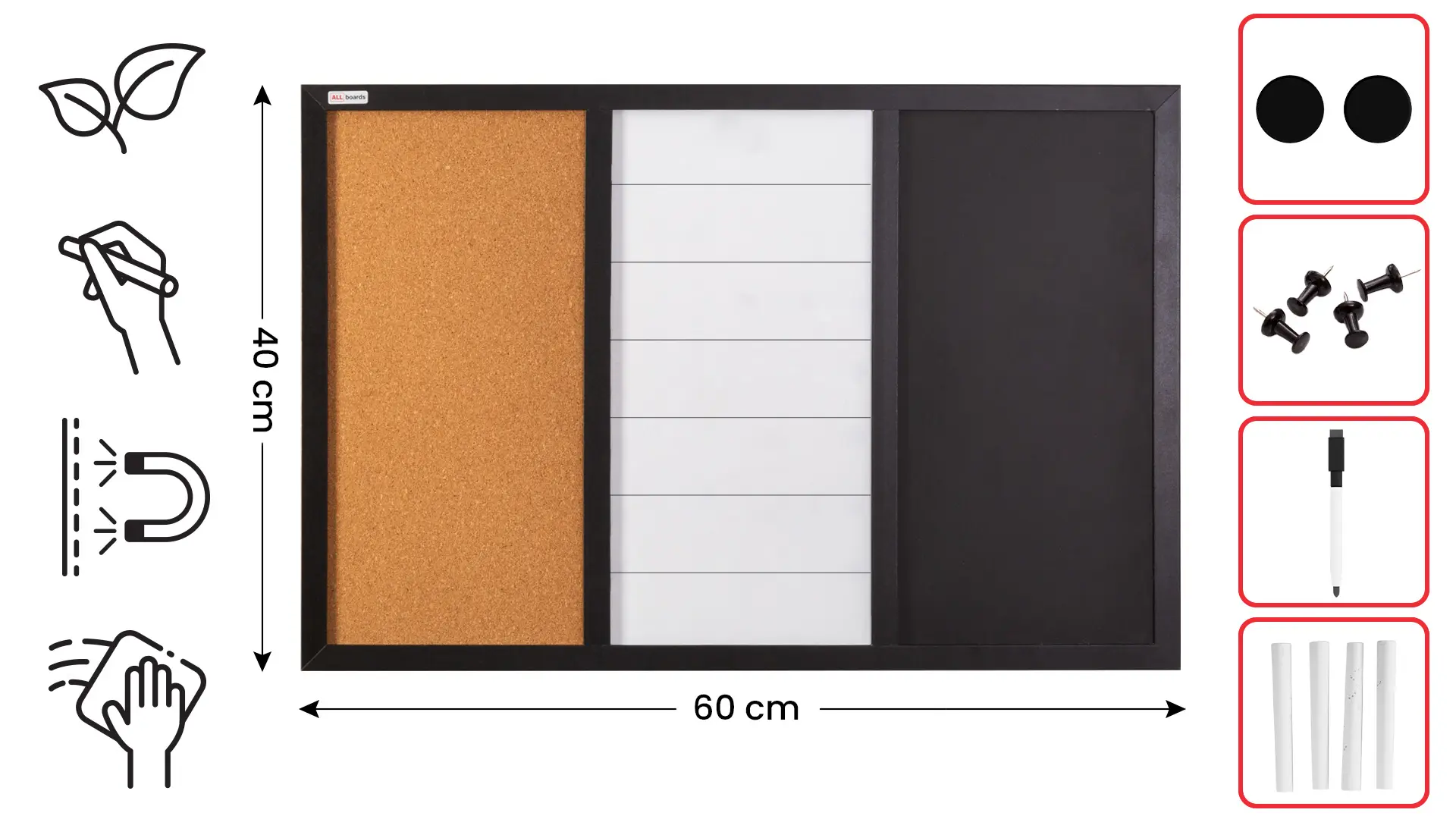 3-in-1-Kombitafel: Whiteboard, Kreide (magnetisch) und Kork, 60x40 cm