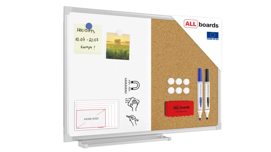 Kombitafel Whiteboard und Kork-Pinnwand mit Alurahmen 60x40cm