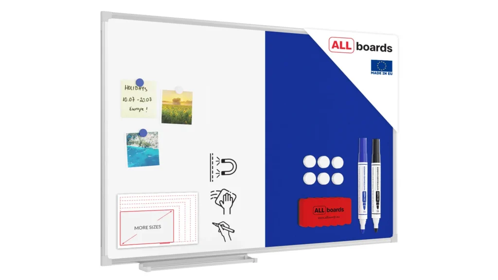 Kombitafel Whiteboard und Blau Filz-Pinnwand mit Alurahmen 90x60cm
