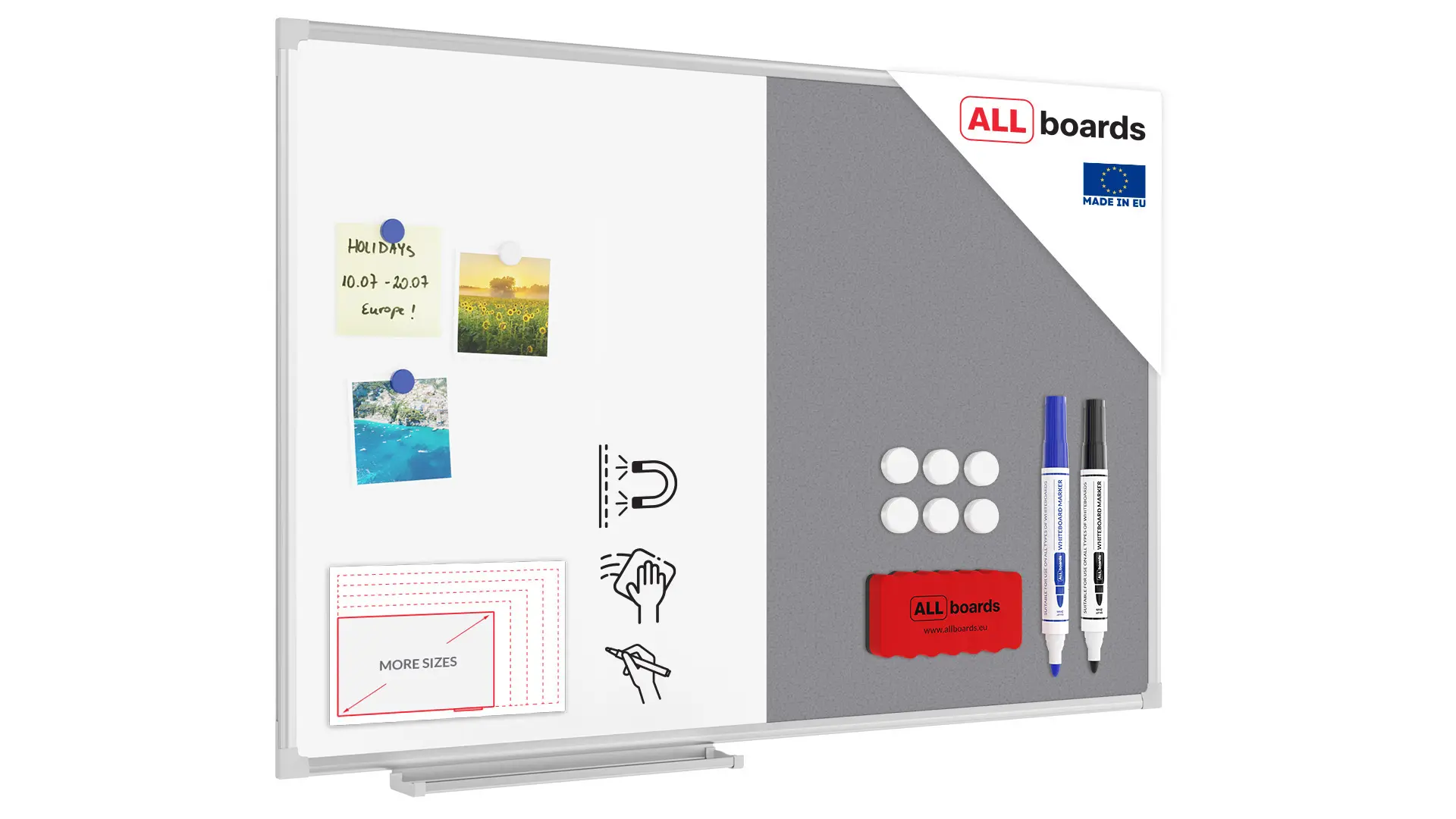 Kombitafel Whiteboard und Grau Filz-Pinnwand mit Alurahmen 90x60cm