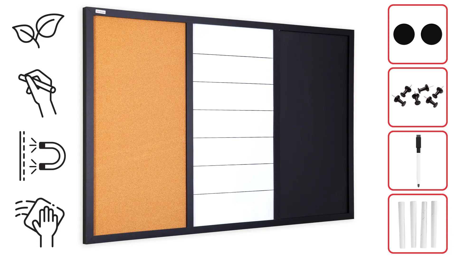 3-in-1-Kombitafel: Whiteboard, Kreidetafel magneitsch, Kork 90x60 cm + Zubehör