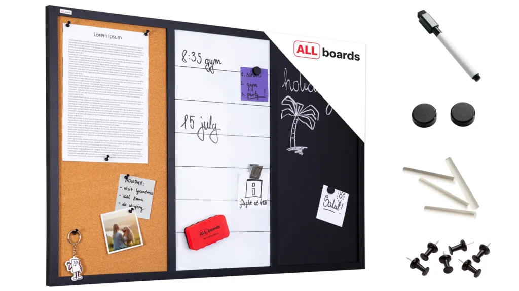 3-in-1-Kombitafel: Whiteboard, Kreidetafel magneitsch, Kork 90x60 cm + Zubehör