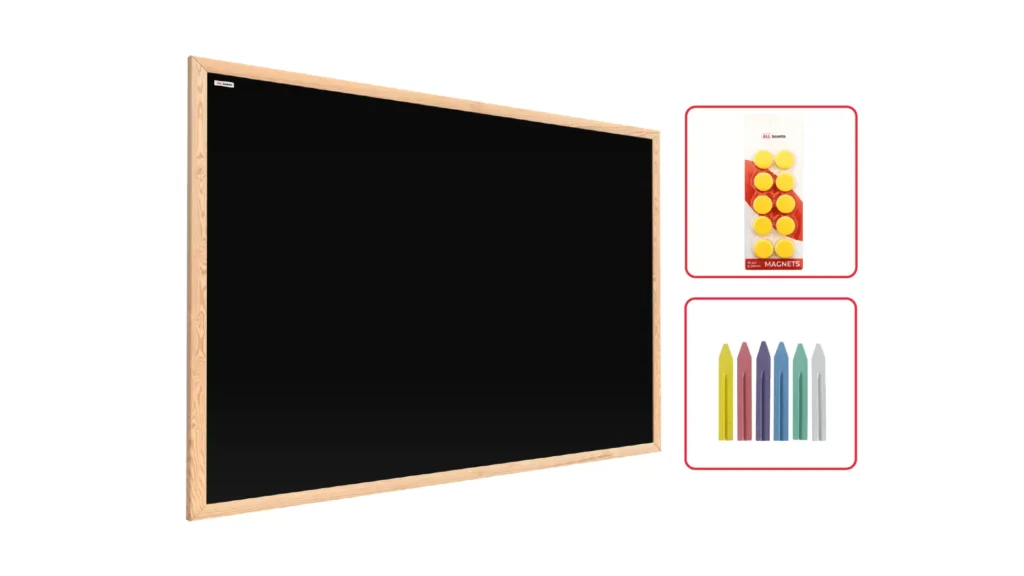 KIDS-Board Set 5 - Schwarze magnetische Kreidetafel 60x40cm, Magnete 20mm 10 Stück Gelb, Tafelkreide 6 Stück