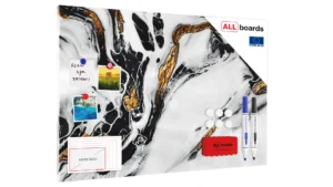 Metallische Magnettafel MARMOR MARMORSTEIN GOLD WEIß 90x60cm MetalBoards Memoboard für jede Art von Magneten Magnetpinnwand zum Beschriften + Zubehör-Set