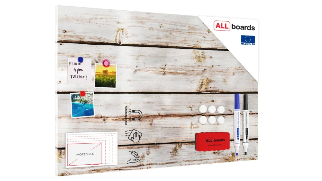 Metallische Magnettafel, MetalBoard, HELLES HOLZ 90x60 cm + GRATIS Zubehörset