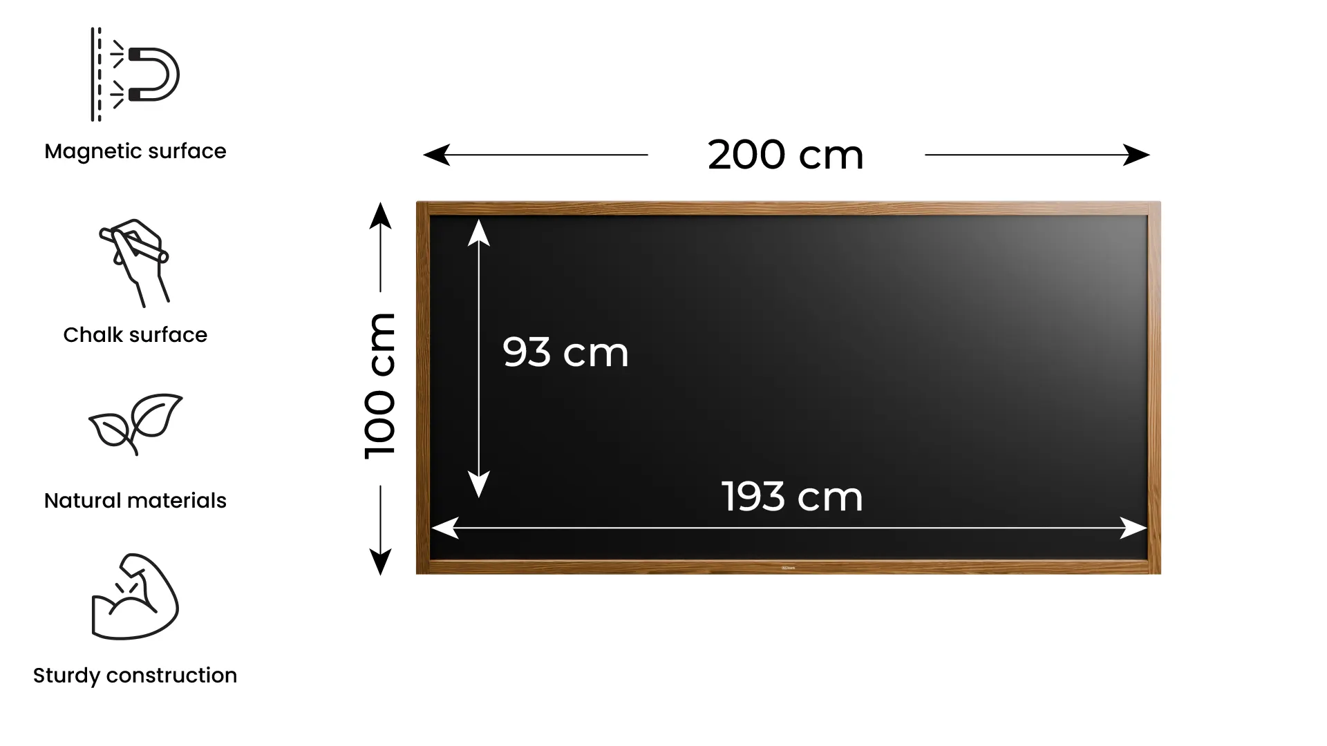 Schwarze magnetische Kreidetafel mit Holzrahmen 200x100cm