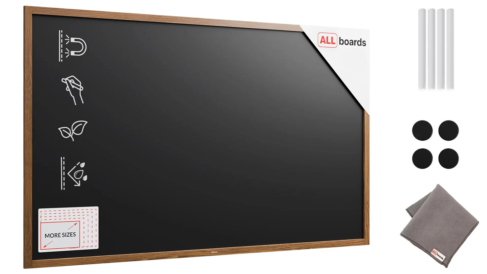 Magnetische Kreidetafel, wasserfest, 200 x 120 cm, Holzrahmen – Dunkelbraun + Zubehör