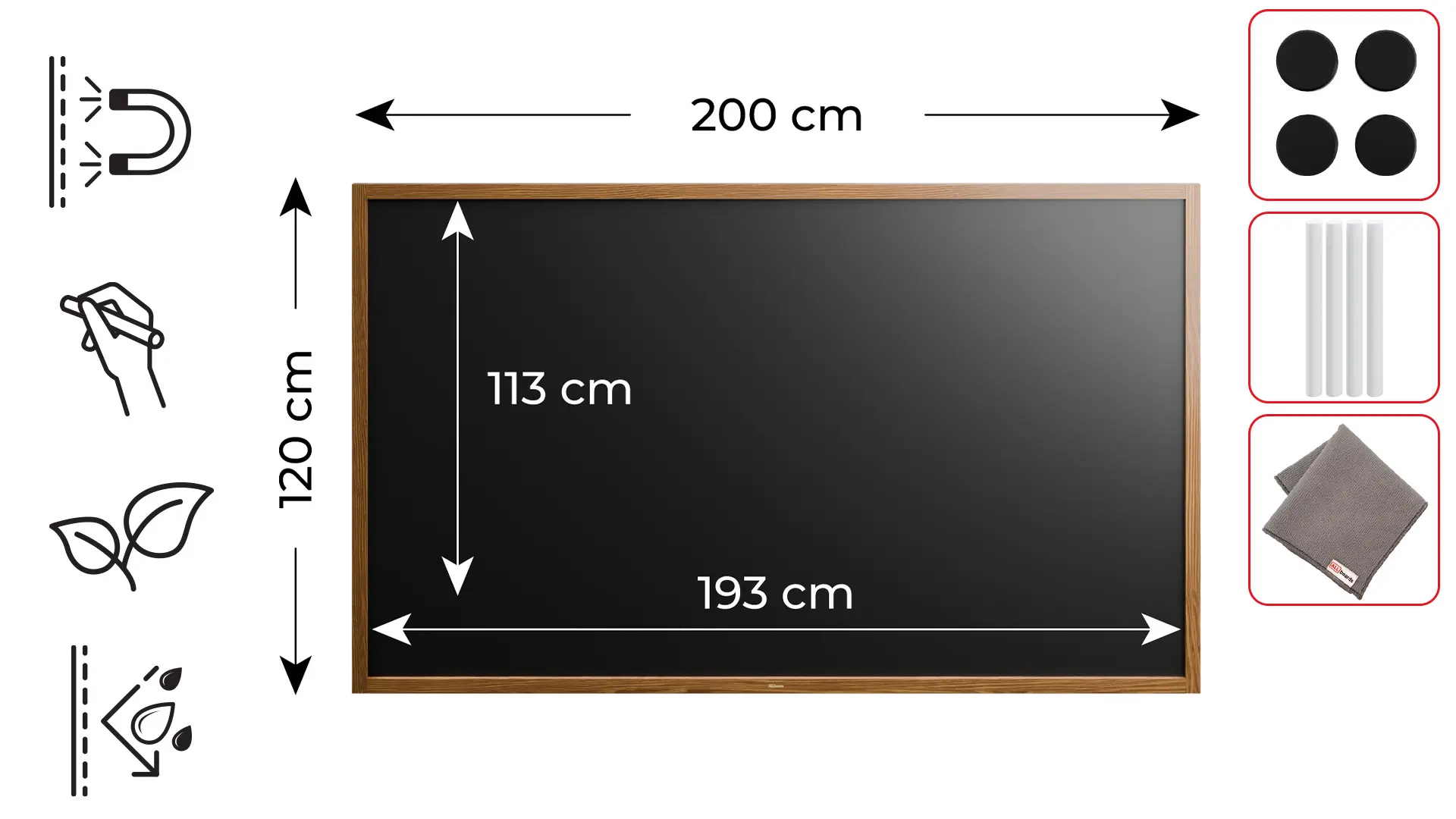 Magnetische Kreidetafel, wasserfest, 200 x 120 cm, Holzrahmen – Dunkelbraun + Zubehör – Bild 2