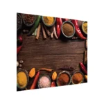 Spritzschutz Küche Herd GEWÜRZE ORIENTALISCHES ZUTATEN GEWÜRZPULVER HOLZ 60x65cm Küchenrückwand aus Echtglas, alle Unterlagen möglich, Gehärtetes Glas Schutz gegen Fett und Spritzwasser