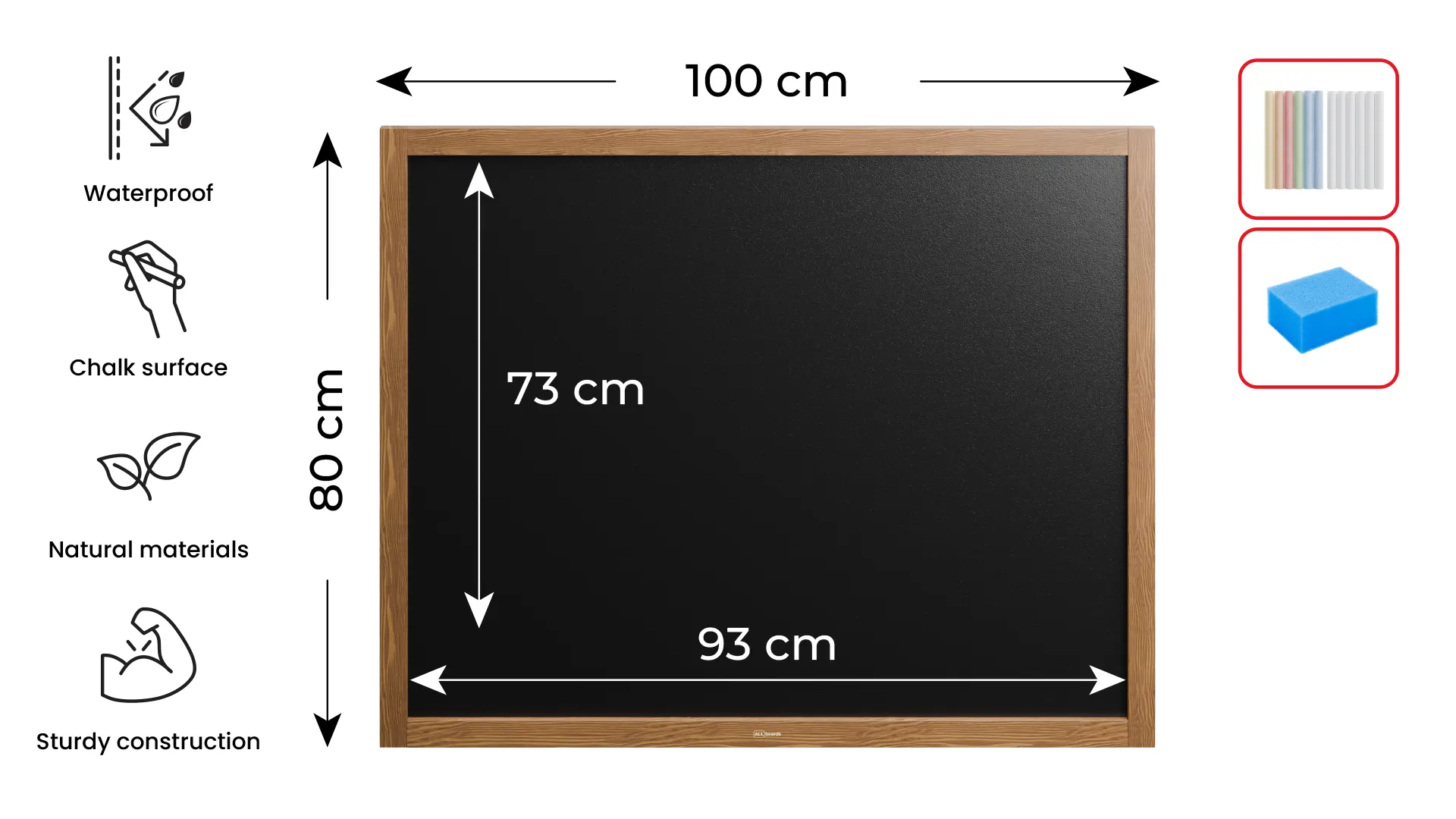 Kreidetafel Wasserfest mit lackiertem Holzrahmen 100x80cm, Schwarz, Schreibtafel, Kreide