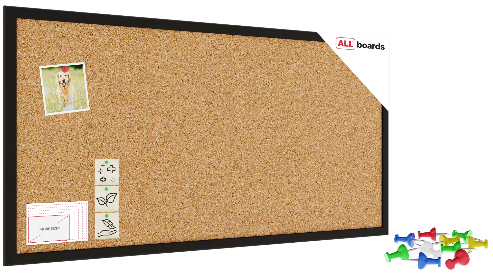 Pinnwand, Korktafel 80x40 cm, Holzrahmen - Schwarz lackiert + GRATIS