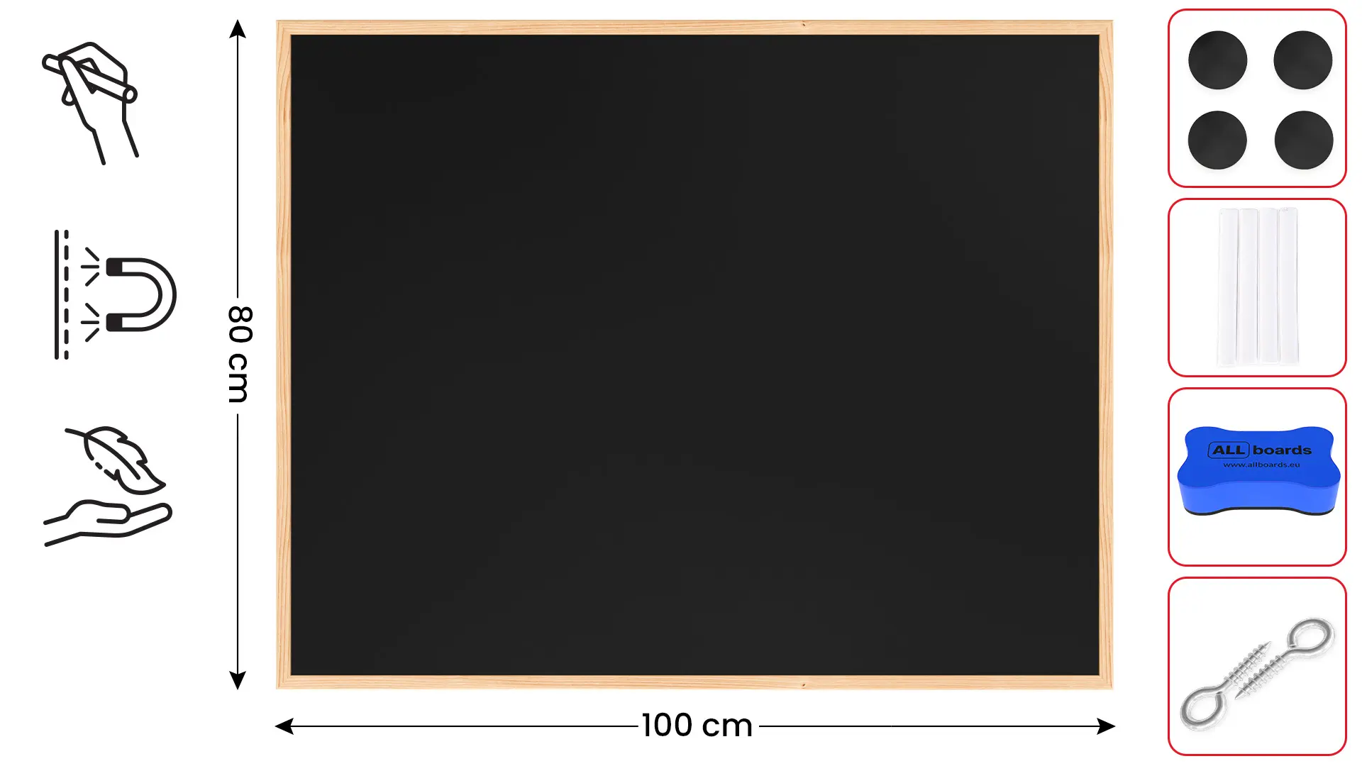 Schwarze magnetische Kreidetafel mit Naturholzrahmen 100x80 cm + Zubehör
