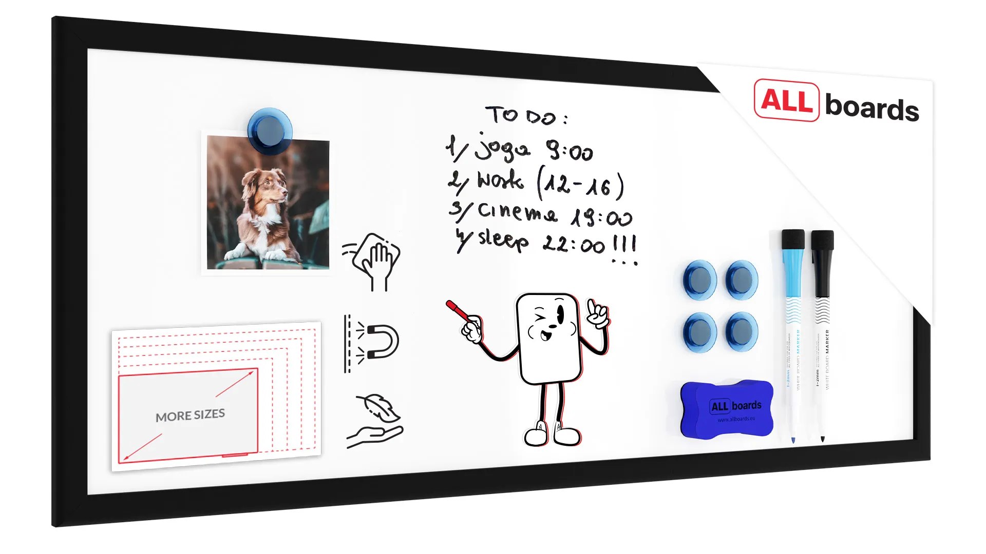 Magnetisches Whiteboard mit schwarzen Holzrahmen 30x70cm