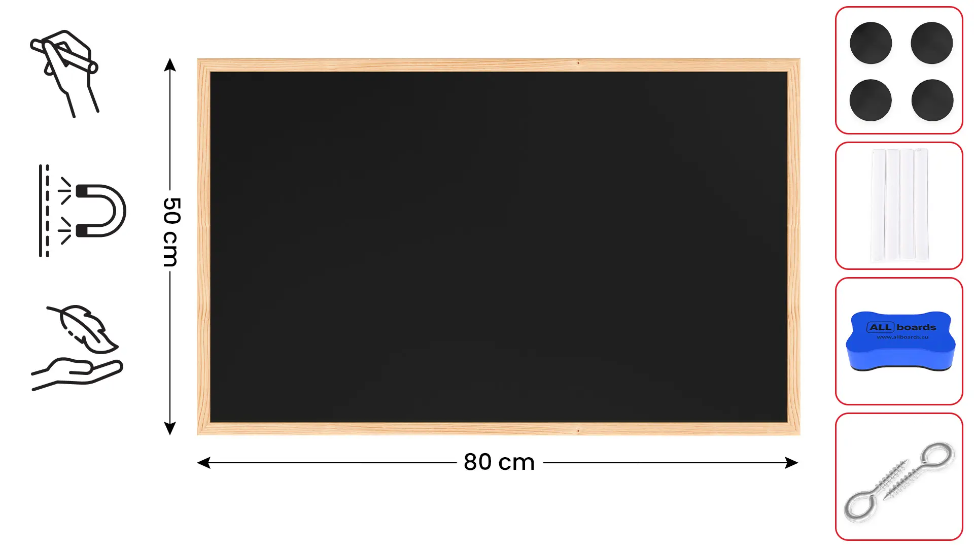 Schwarze magnetische Kreidetafel mit Naturholzrahmen 80x50cm + Zubehör