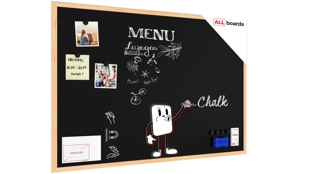 Schwarze magnetische Kreidetafel mit Naturholzrahmen 90x60cm + Zubehör