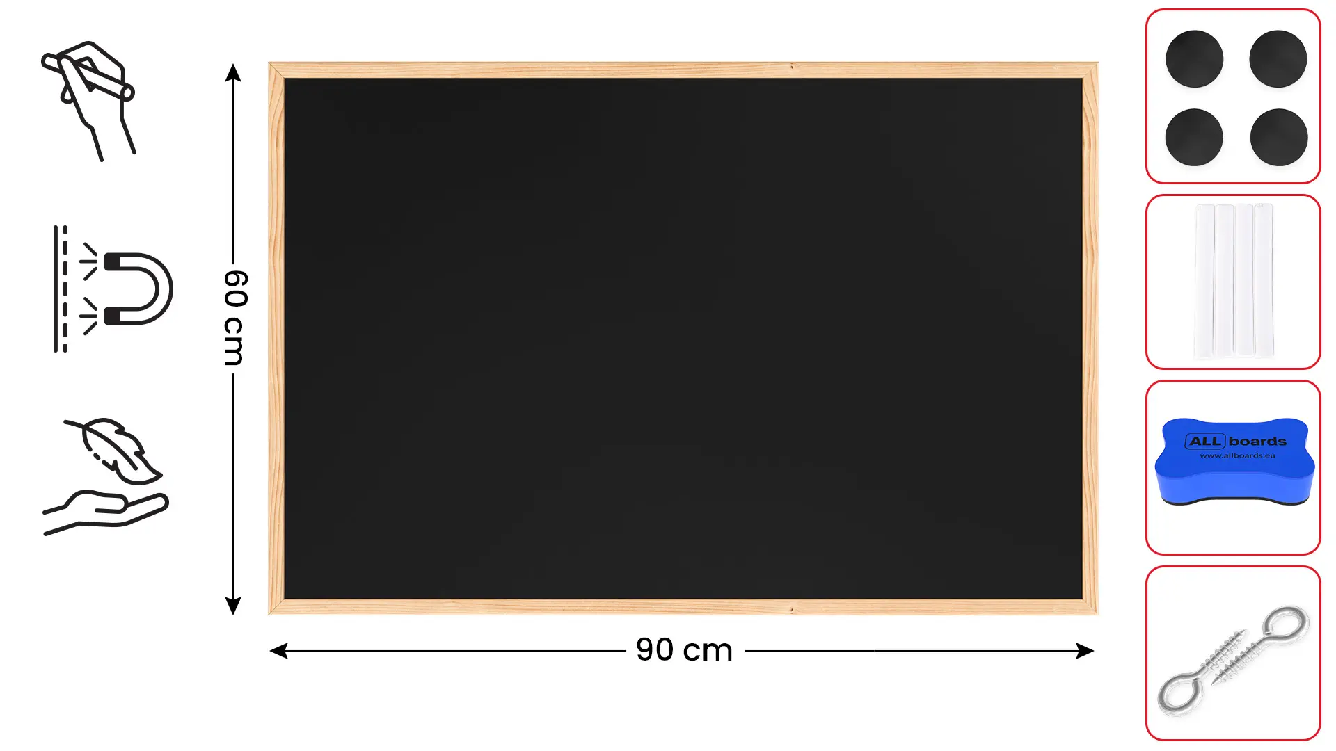 Schwarze magnetische Kreidetafel mit Naturholzrahmen 90x60cm + Zubehör