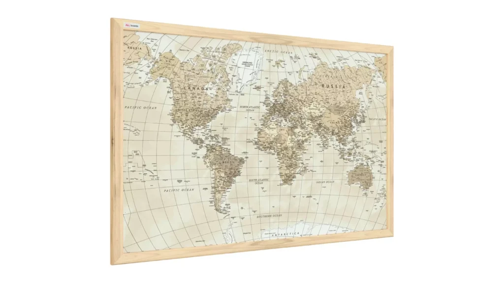 Magnettafel Bild Weltkarte Beige-Pastellfarben 60x40cm im Naturholzrahmen