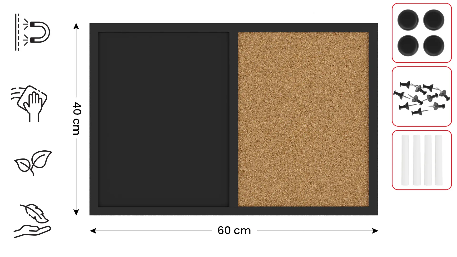 Kombitafel Kork / schwarz magnetisch 60x40 Holzrahmen schwarz lackiert