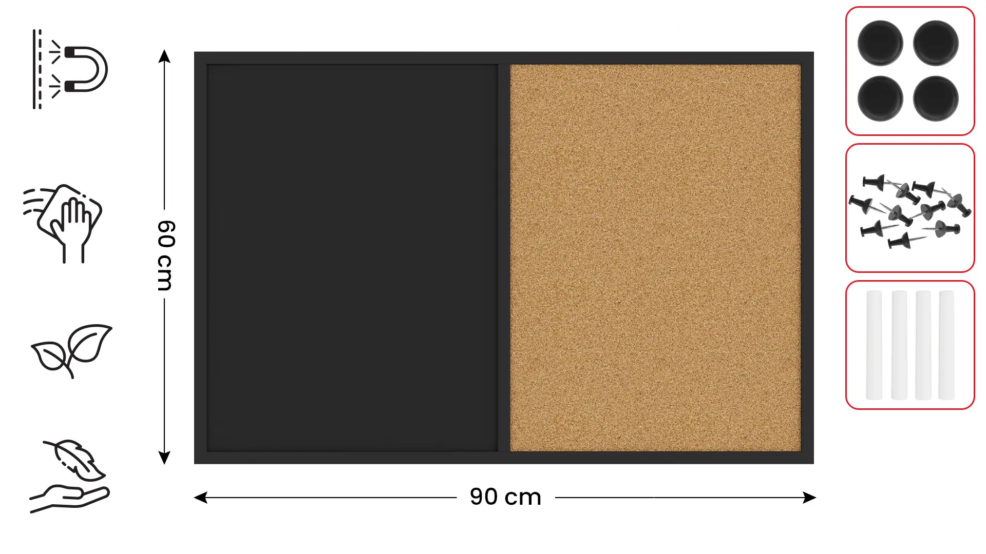 Kombitafel Kork / schwarz magnetisch 90x60 Holzrahmen schwarz lackiert