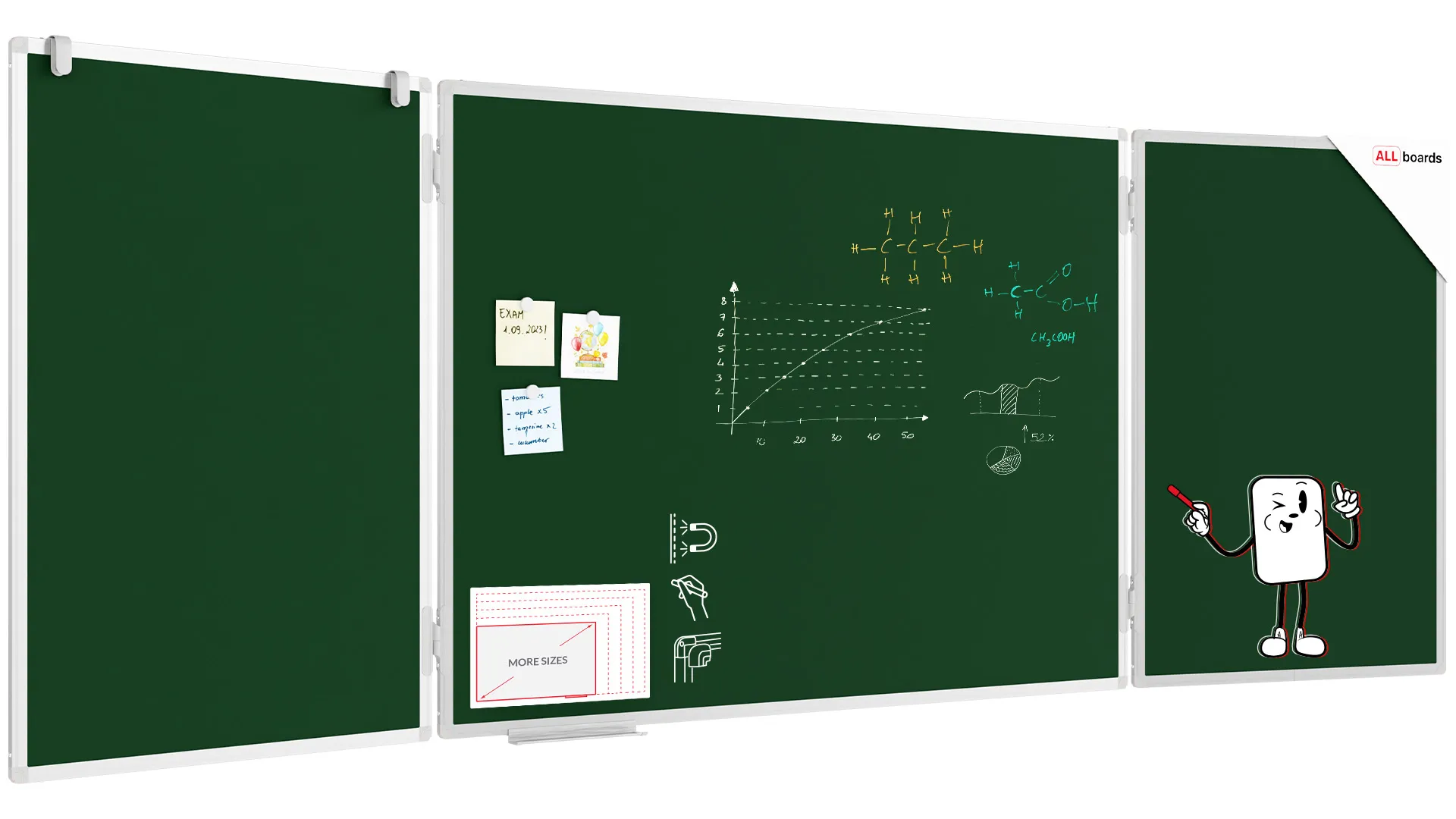 Grün Magnetisch Kreidetafel, Klapptafel 5-flächig 120x90//240 cm