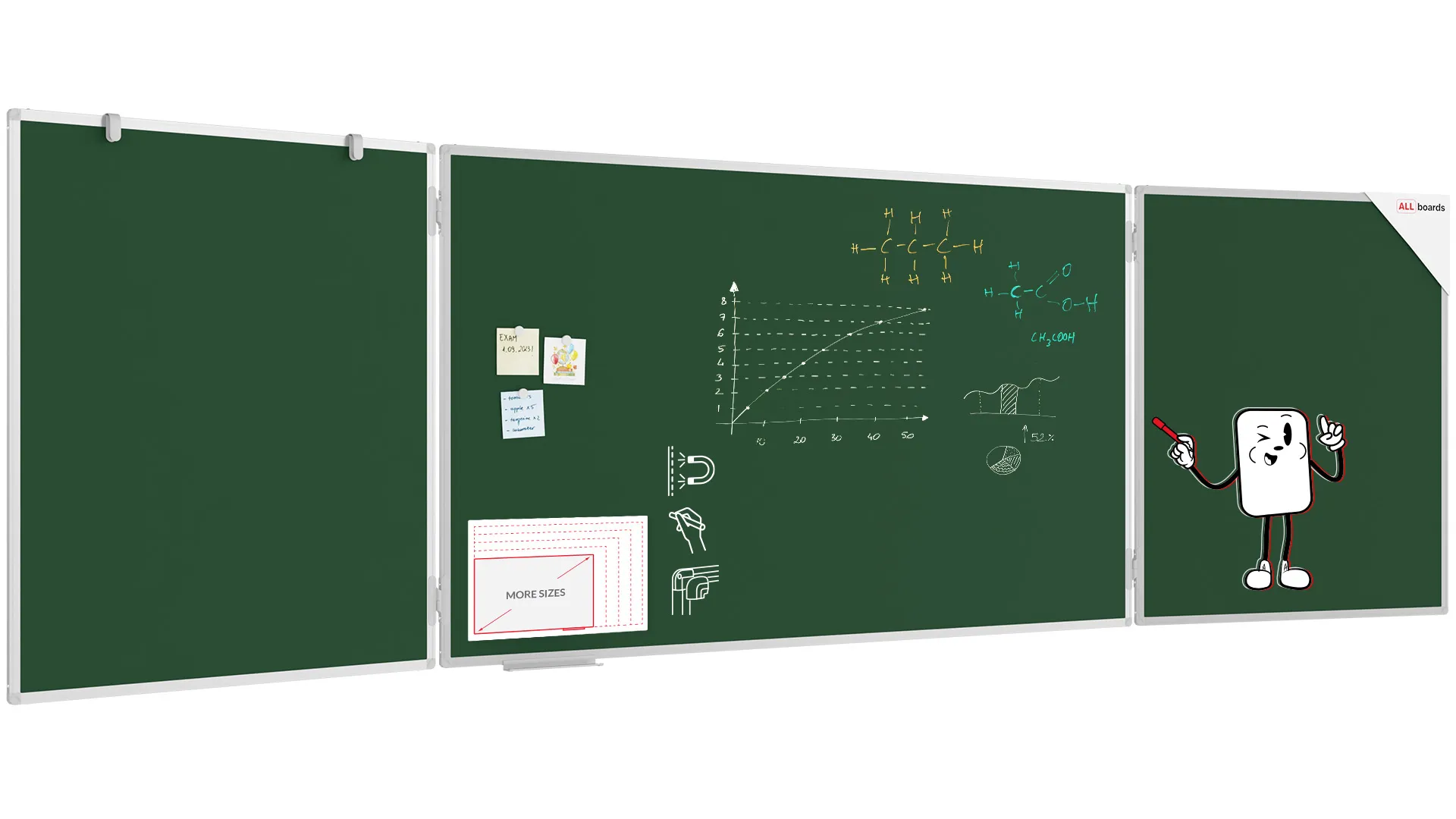 Grün Magnetisch Kreidetafel, Klapptafel 5-flächig 100x170 // 340 cm