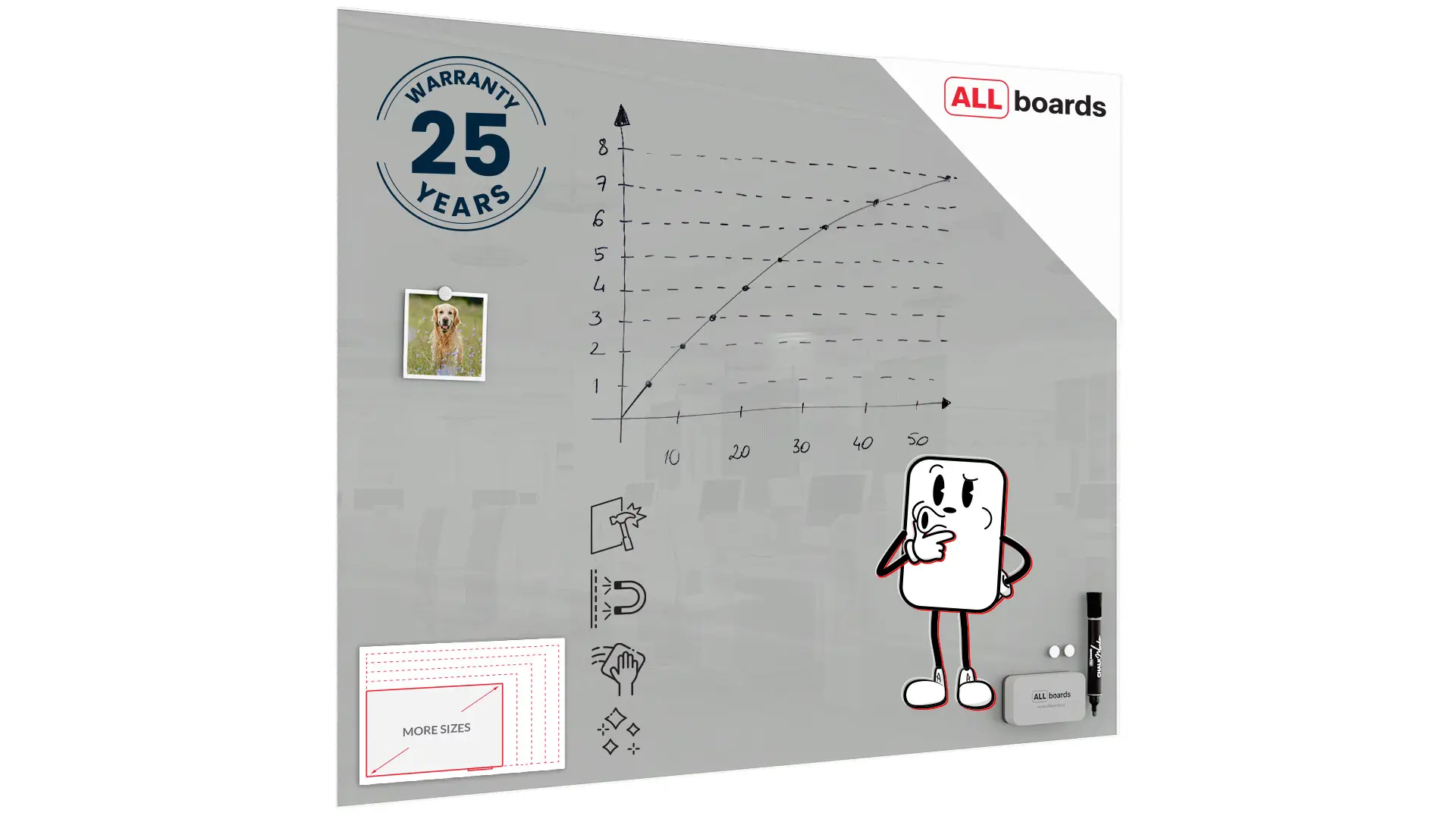 Glasboard, grau 100x80cm - rahmenloses Glasboard, gehärtetes Glas zur Verwendung mit Neodym-Magneten