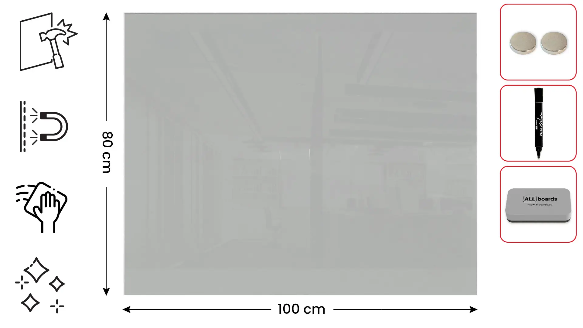 Glasboard, grau 100x80cm - rahmenloses Glasboard, gehärtetes Glas zur Verwendung mit Neodym-Magneten – Bild 2