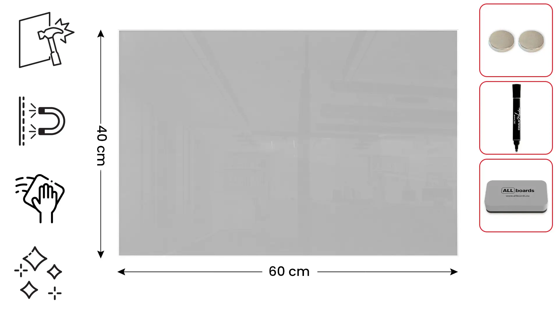 Glasboard, grau 60x40cm - rahmenloses Glasboard, gehärtetes Glas zur Verwendung mit Neodym-Magneten – Bild 2