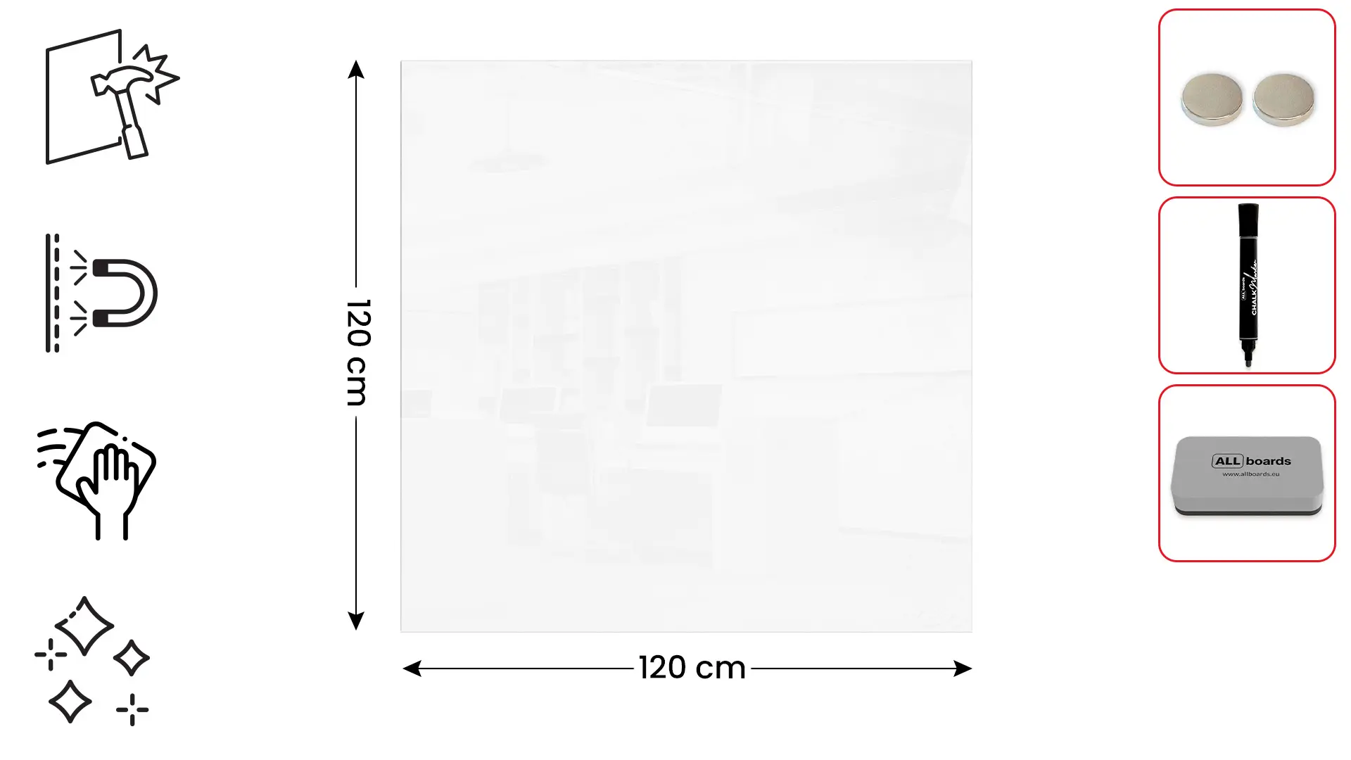 Glasboard - Premium SUPERWHITE Perlweiß 120x120 cm + GRATIS