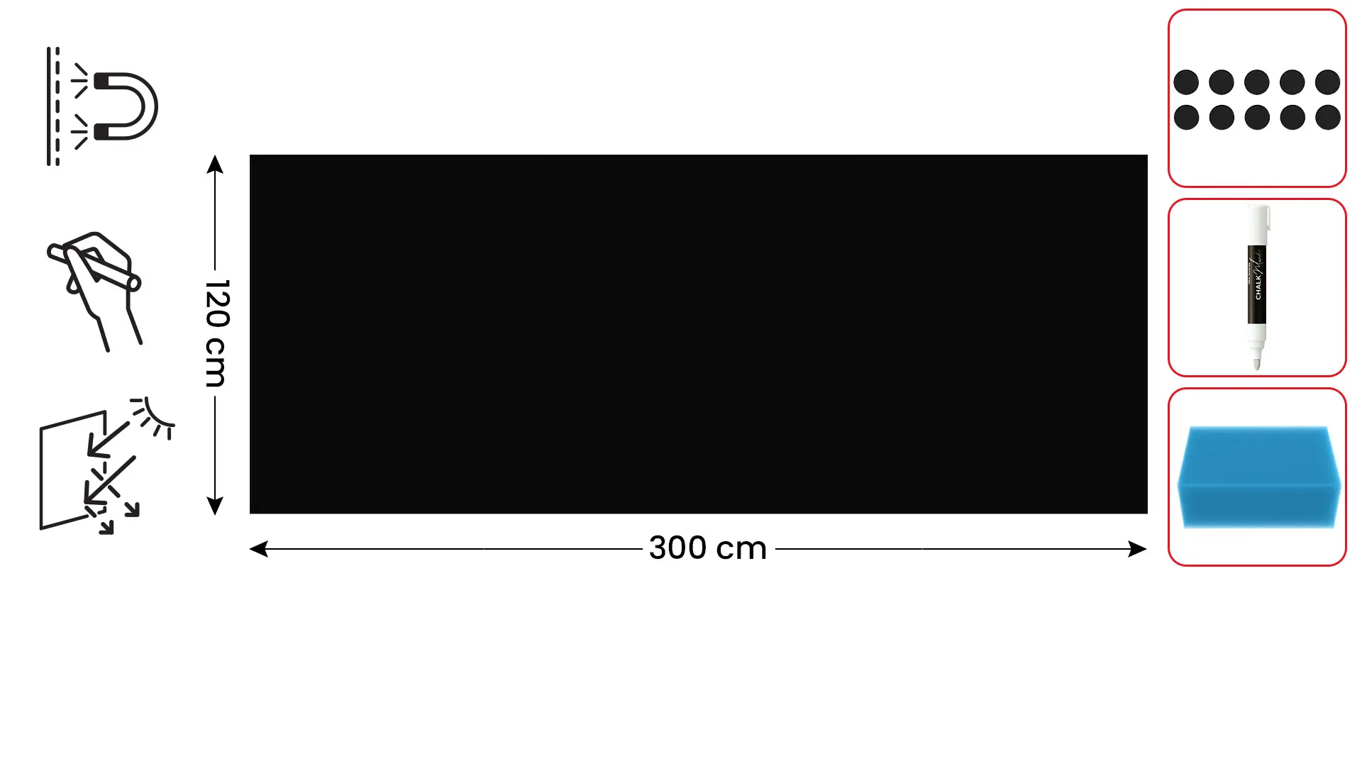 Magnetplatte rahmenloses SLIMboard - Kreideoberfläche - 300x120 cm + GRATIS