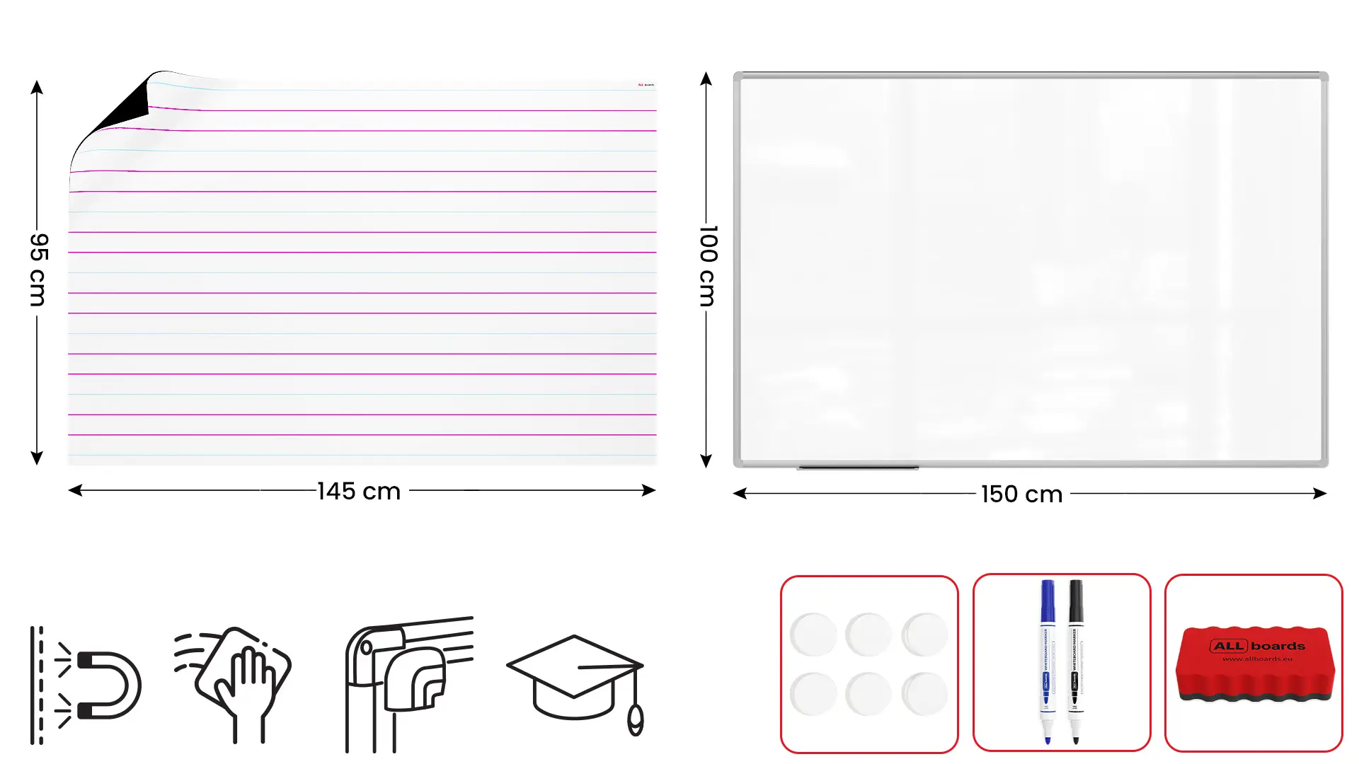 Magnetisches Whiteboard 150 x 100cm + Zubehörset + Auflage: Dreizeilig