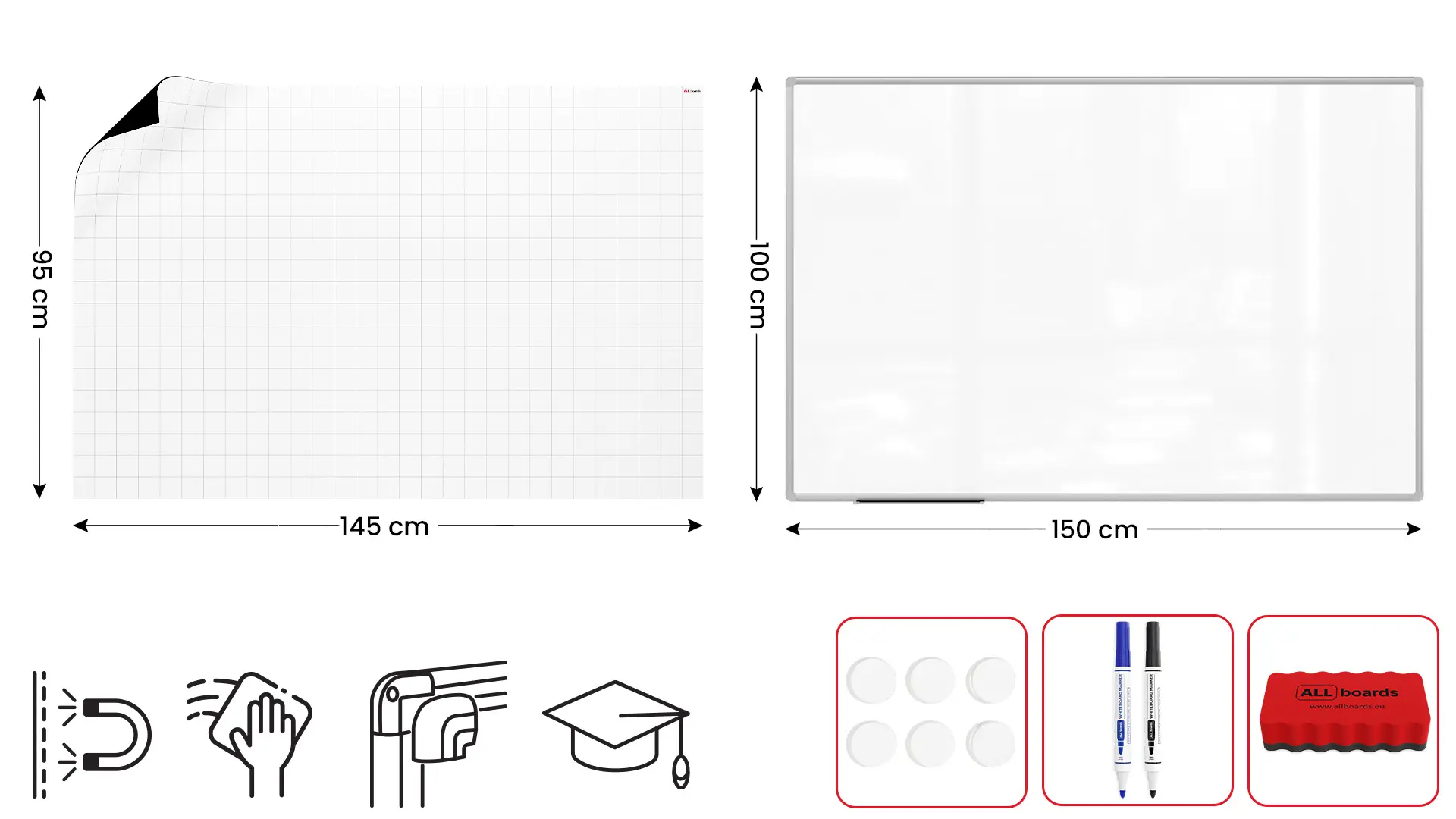Magnetisches Whiteboard 150 x 100cm + Zubehörset + Auflage: Raster