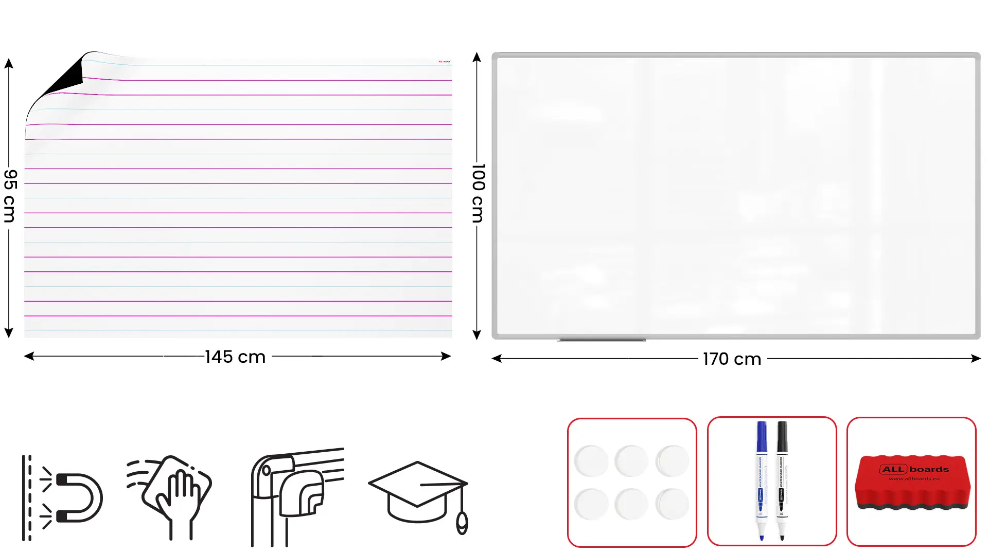 Magnetisches Whiteboard 170 x 100cm + Zubehörset + Auflage: Dreizeilig