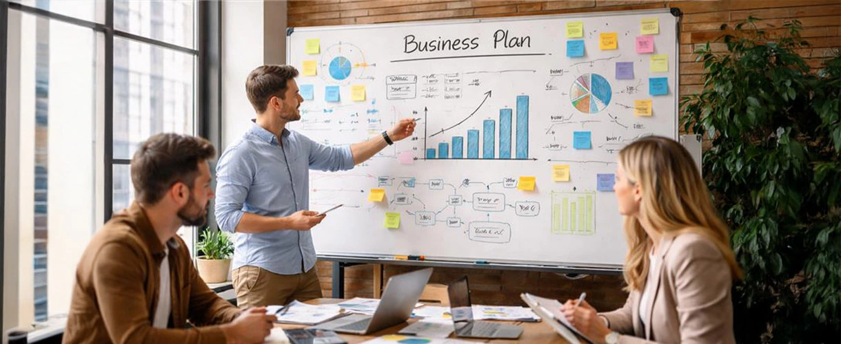Mitarbeiter erstellen einen Businessplan
