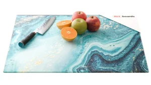 Schneidebrett aus Glas – BLAU UND GOLD 60 x 52 cm