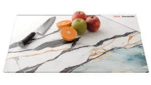 Schneidebrett aus Glas – MARMOR, BLAU UND GOLD 60 x 52 cm