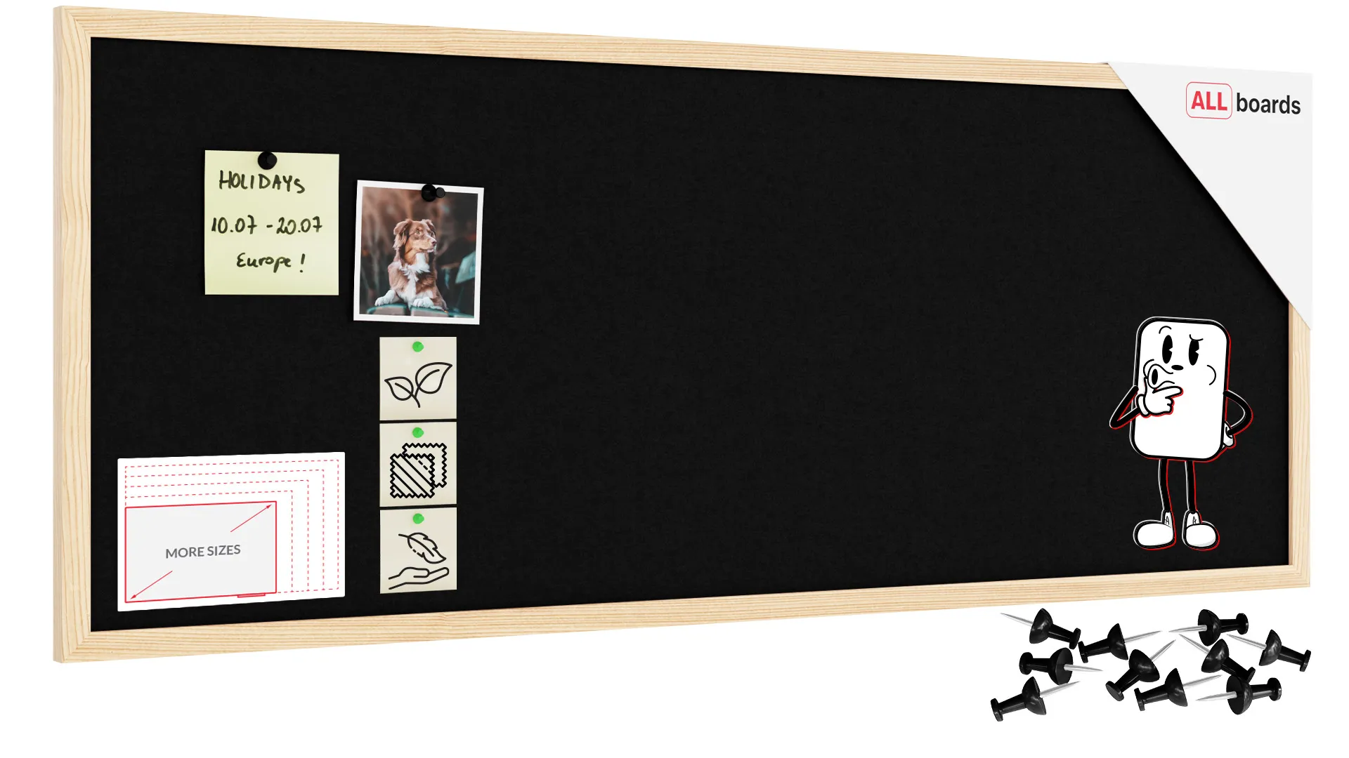 Textil-Pinnwand (Filz) 100x40 cm, schwarz, mit lackiertem Holzrahmen