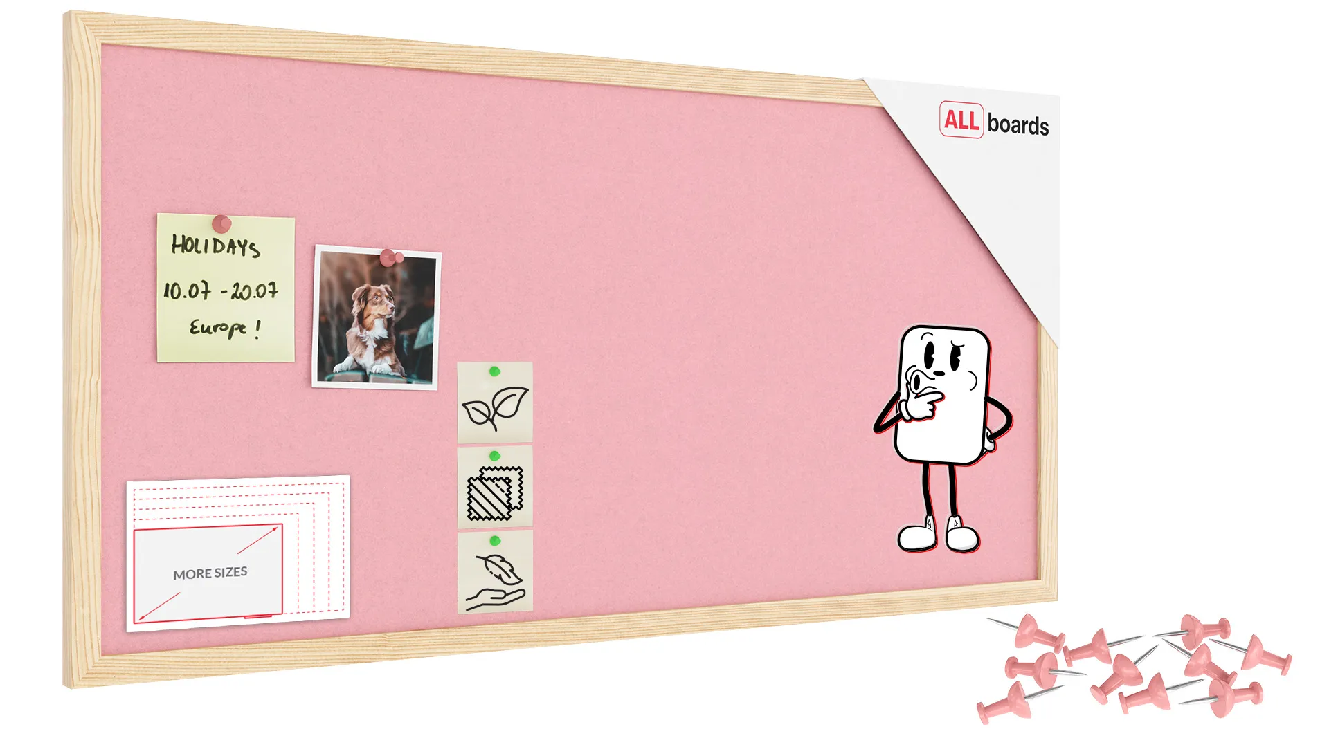 Textil-Pinnwand (Filz) 80x40 cm, rosa, mit lackiertem Holzrahmen